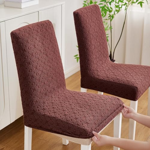 Image of HOMETHREADS Elastic Jacquard Chair Cover Stretch Removable Washable Short Dining Chair Cover Protector Seat Slipcover (D Coffee, Pack of 1)