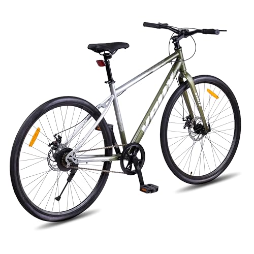 Image of Vaux City-Pro Hybrid Cycle for Men, 19 Inch HI-Ten Steel Frame, Dual Disc Brake, 700x35C Tyres, Double-Wall Alloy Rims, City Bike(Silver-Green, Single Speed, Rigid Fork)