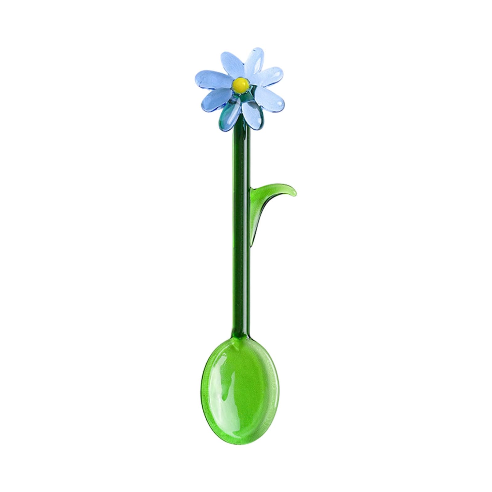 jiingekk Clear Glass Stirring Spoon with Colored Flower Head Long Handle Stirrer for Beverages Dessert Hot Drink Spoon