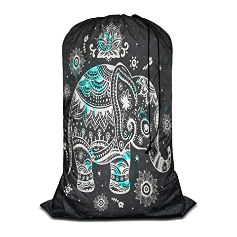 Swono Extra Large Travel Laundry Bag Ethnic Elephant, Rip-Stop Dirty Clothes Bag with Drawstring, Lotus African Tribal Floral Boho Pattern Travel Laundry Bag, Laundry Hamper Liner, Machine Wash, Black Cover