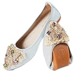 YOUNIFIZ Womens Ballet Flats Foldable Rhinestone Pointed Toe Comfortable Slip on Wedding Flat Shoes Dress Flats for Women (Butterfly Silver,Size 9)