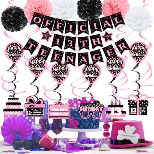 Image of 13th Birthday Decorations for Girls, Pink Black Official 13th Teenager Banner Party Decorations, Happy Thirteen Birthday Decor Double-Sided Card Pompoms Hanging Swirls for 13 Years Girls Gifts 48pcs