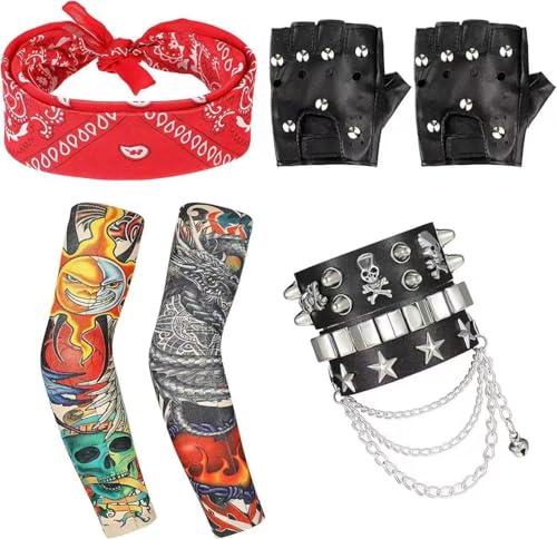 6 Pcs Kids Costume for Boys Girls Adults Set Punk Rocker Role Play Dress Up Accessories Suitable for Boys and Girls Disco Halloween Birthday Party (Mix Unisex size)