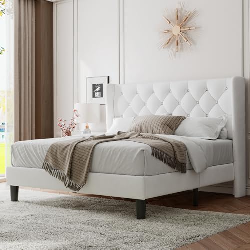 Image of Feonase Queen Size Bed Frame with Diamond Tufted Wingback Headboard, Upholstered Platform Bed, Sturdy Wooden Slats Support, Noise-Free, No Box Spring Needed, Easy Assembly, White