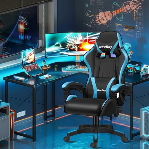 PikPok ゲーミングチェア/pcチェア/椅子/デスクチェア/ゲーム用チェア/リクライニング/パソコンチェア/ハイバック/ヘッドレスト/ランバーサポート/ひじ掛け付き/高さ調整機能/PUレザー (ジャパニーズ, 黒と青）