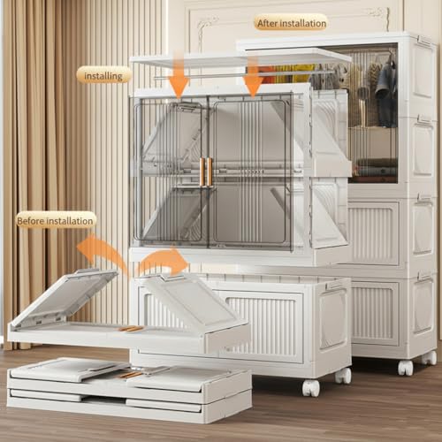 Image of KRISHYAM Modular Plastic Wardrobe with Transparent Sliding Doors & Drawer Storage | Multi-Layer Clothes Organizer Cabinet with Wheels (2 Layer - 1 Transparent Door (White))