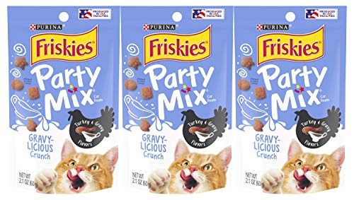 3 Bags of Friskies Party Mix Crunch Gravy-Licious Turkey & Gravy Flavors Cat Treats 2.1-oz ea