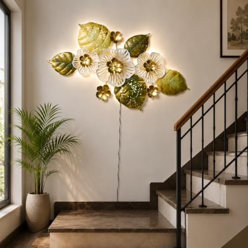 Image of Bharat Art Metal White Flower Wall Art with LED Light for Living Room | Handcrafted Iron Flower Wall Hanging Home Decoration for Bedroom, Hall, Office & Entrance | 47X2X24 | Tornado WD071 (B)