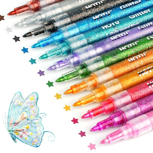 HOTU Feutres À Paillettes,12 Marqueur De Peinture Acrylique Paillettes Imperméable Pour Peinture Sur Pierre, Céramique, Bois, Tissu, Scrapbooking, Cartes Ect À...