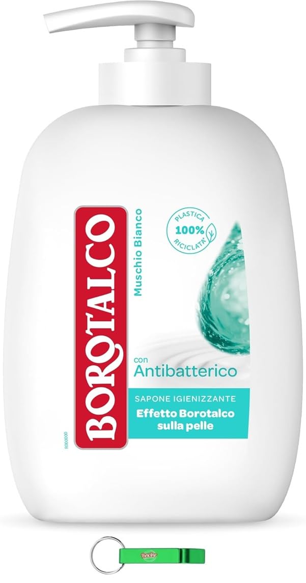 Borotalco Jabón Sapone Liquido Muschio Bianco - Jabón líquido higiénico con aroma a almizcle blanco - Piel suave, lisa y aterciopelada 250 ml + llavero Beni Culinari gratuito