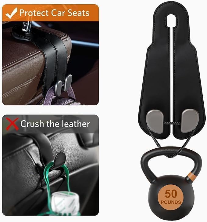 Image of FRONTED 2 Pack Car Seat Headrest Double Hooks Leather Car Back Seat Headrest Hooks for Purses, Bags and Handbags, Car Organization Accessories