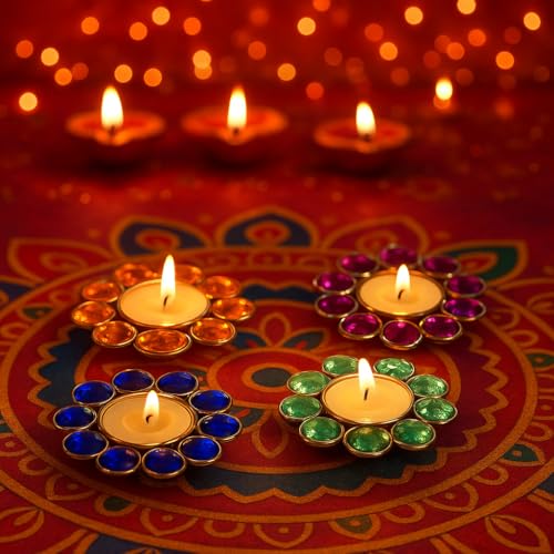 Image of CraftVatika Colorful Crystal Tealight Candle Holder Set of 4 | Home Decor, Diwali Decoration Items, Festive Decor, Pooja & Gifting | Multicolor Metal Tlight Holders for Home Pooja Decoration Items