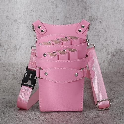 美容師 シザーケース トリマーショルダーバッグ 大容量 7丁 コーム ハサミ収納 ポーチ 理容室 ウエスト はさみ 櫛 収納 サロン家庭用 2way トリマー ツールポーチ サロン レザー 挿し 美容師 理容師 トリマー ベルト付き (ピンク)