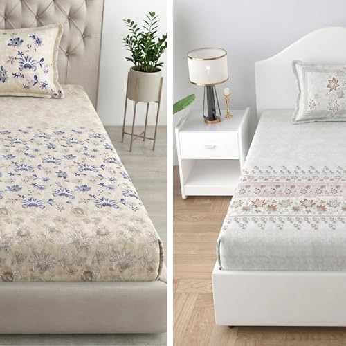 Image of Mafatlal Spring Glory Cotton Single Bedsheet Combo Pack of 2 with Pillow Covers | 180 TC Smooth & Breathable Material | Daily Use Single Bed Sheets | Floral Brown & Modern Blue