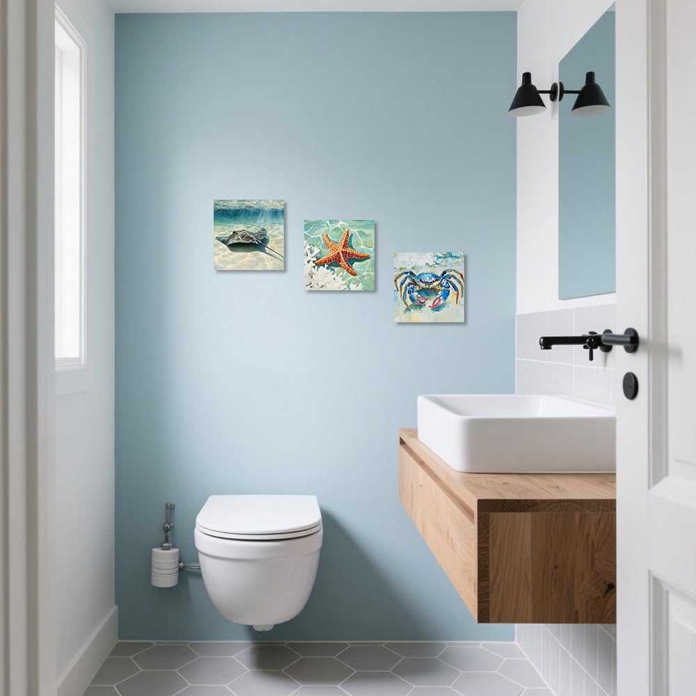 ZQQART Leinwandbilder mit blauer Krabbe 3er Set Krabbe Mantarochen Seestern Nautische Badezimmer und Stranddekoration Küstenkunst mit Rahmen (50x50cmx3)