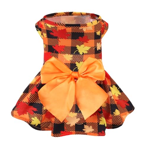 PUPTECK Plaid Dog Dress Pet Apparel for Autumn with Cute Bowtie Puppy Clothes Outfit, Maple Leaf, XS