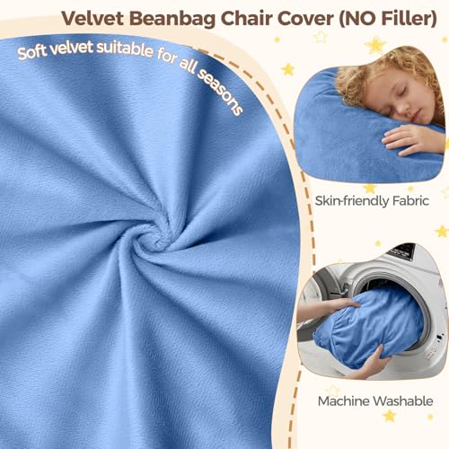 Image of Stuffed Animal Storage Bean Bag Chair Cover for Kids (No Filler), Soft Comfy Velvet Beanbag Chair Cover Machine Washable, Kids Bean Bag Chair with Handle for Living Room Bedroom Dorm,Dark Blue