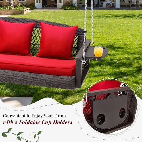 Image of HOMREST 3-Person Wicker Porch Swing with Upgraded Cup Holder, 56 Inch Patio Hanging Swing Bench Chair with Cushions, Outdoor Swing 900lbs Capacity Chains for Deck Garden Backyard (Red)