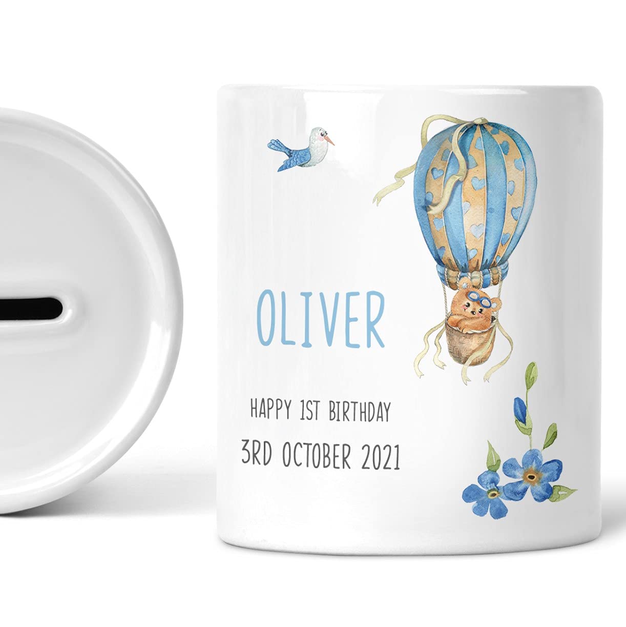 Personalised 1st Birthday Money Box Ceramic with Name and Date