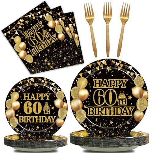 Kepeel 96Pcs 60th Birthday Party Tableware Set Back in 1966 Birthday Party Decorations Supplies for Men Women Cheers to 60 Years Disposable Paper Plates Napkins Forks Favors Serve 24