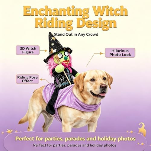 Witch Riding Dog Halloween Costume with Harness, Adjustable S/M/L (Large) - 2