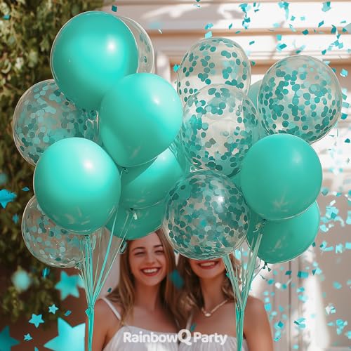 Image of Teal Latex Balloons: 55Pcs 12 inch Turquoise Confetti Party Balloons Helium Aqua Blue Latex Balloon Ribbons for Birthday Anniversary Gender Reveal Graduation Wedding Decoration