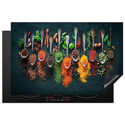KitchenYeah Herdabdeckplatte Einteilig Ceranfeld Abdeckplatte für Induktionsschutz Ceranfeldabdeckung Vinyl Herdabdeckplatten Kräuter - Gewürze - Löffel - Pfeffer - 80x52 cm