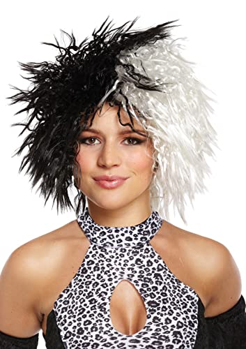 NuJake Womens Black and White Dalmatian Lady Wig Curly Two-Tone Fancy Dress Wig for Adults | Halloween Cosplay & Party Costume Accessory
