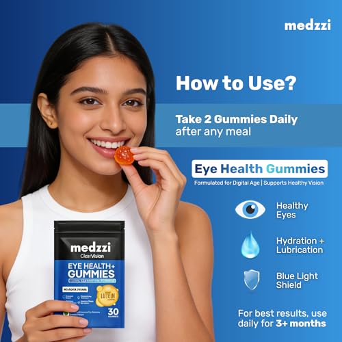 Image of Eye Gummies by medzzi Clear Vision | Lutein & Zeaxanthin Supplement for Eyes | With Bilberry, Lycopene & Vitamins A, C, E | Reduces Digital Strain and Fatigue from High Screen Time | Orange Flavour | 30 Veg Gummies