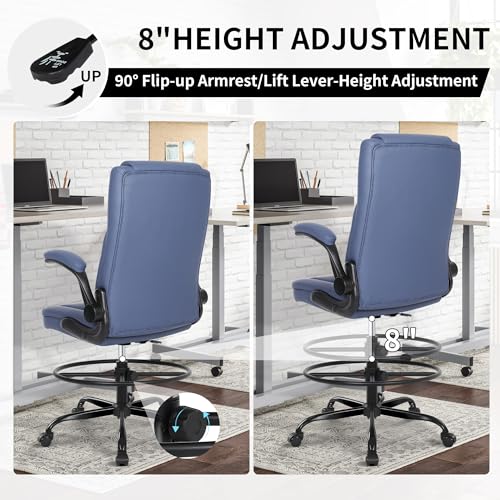 Image of Misolant Drafting Chair with Footrest Ring, Tall Office Chair for Standing Desk, Standing Chair with Adjustable Height and Flip-up Armrest, PU Leather High