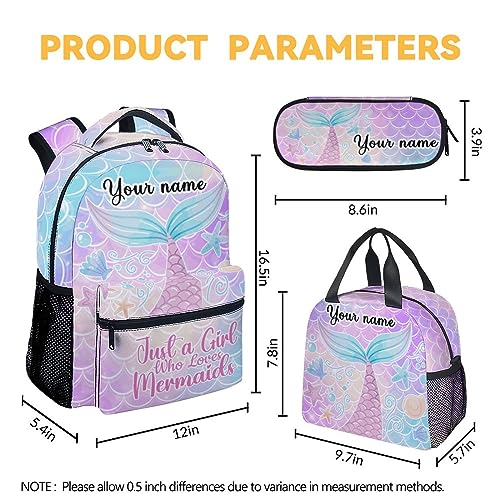 Personalized Mermaid Backpack with Lunch Box Set for Girls, 3 in 1 School Backpacks Matching Combo, Cartoon Pink Bookbag and Pencil Case Bundle4