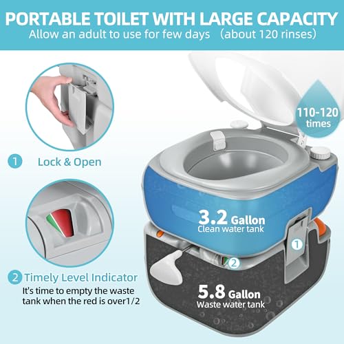 Image of YITAMOTOR Portable Toilet 5.8 Gallon, Camping Porta Potty, RV Toilet with Handle Pump, Level Indicator, for Motorhome Travel, Car, Boat, Indoors and Outdoors