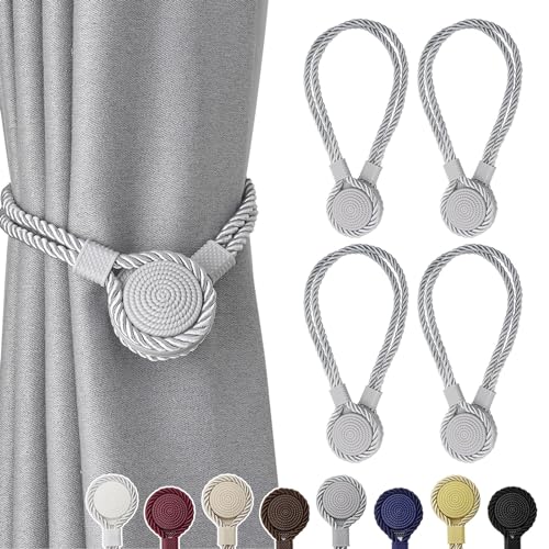 Pretty Jolly 4 Pack Strong Magnetic Curtain Tiebacks Unique Medal shape Decorative Drape Tie Backs Elegant Hand-Woven Rope Curtain Holdbacks for Home & Office Draperies Decor (Grey)