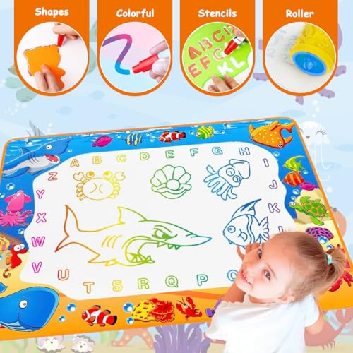 Image of PATPAT 100x70CM Reusable Magic Water Doodle Mat for Kids, Animal Ocean Theme Educational Drawing Toys Mat with Water Pens, Roller Stamps, Templates & Guide Birthday Gift for Kids