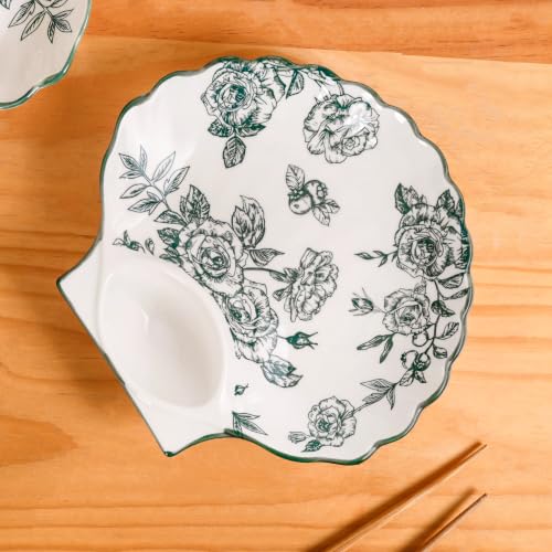 Image of Nestasia Set of 2 Ceramic Shell-Shaped Snack Plate with Dip Section for Chutney | Microwave & Dishwasher Safe Starter Plates | Perfect for Fries, Momos, Sushi, Kebab (White & Green)