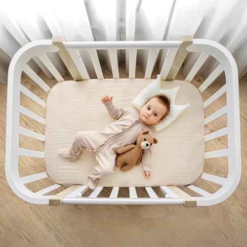 Image of lulumoon Muslin Bassinet Sheets 3Pack: Fitted Most Bedside Sleeper Mattress | Soft Cotton Bassinet Mattress Sheets for Baby - 33x21 inch Flexible Fit for Baby Delight Dream on Me and Other Rectangle pads