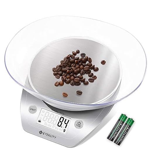 Etekcity Food Scale with Bowl, Digital Kitchen Weight Grams and Ounces for Cooking and Baking, 0.1g Increment, Large Backlit Display, Silver/Stainless Steel