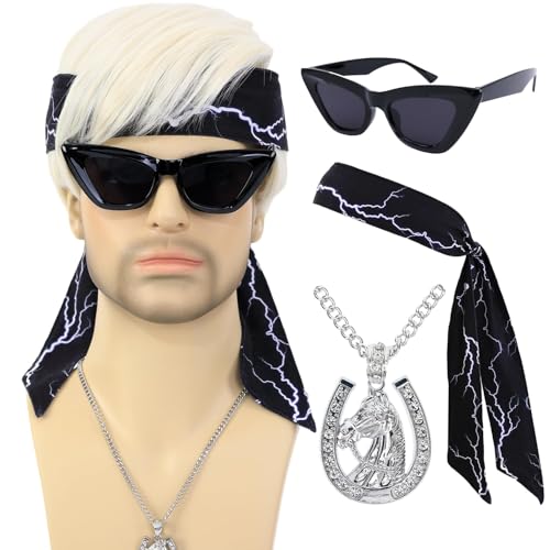 Bettecos Short Blonde Cosplay Wig for Men with Necklace Headbands and Glasses Men’s Blond Costume Synthetic Hair Wigs for Halloween Party (Wig+Necklace+Headbands+Sunglasses)