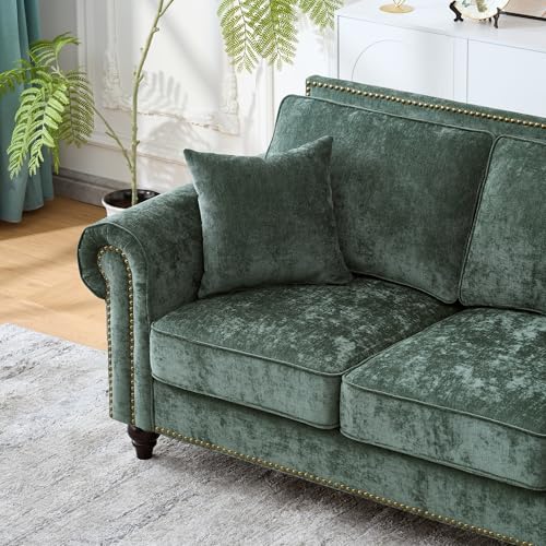 Image of KEIKI 64 inch Oversized Chenille Loveseat Sofa with Rolled Arms and Nailhead Trim, Upholstered Modern Style 2-Seater Couch with High-Density Foam Cushions, Easy Assembly, for Apartment, Living Room, Green