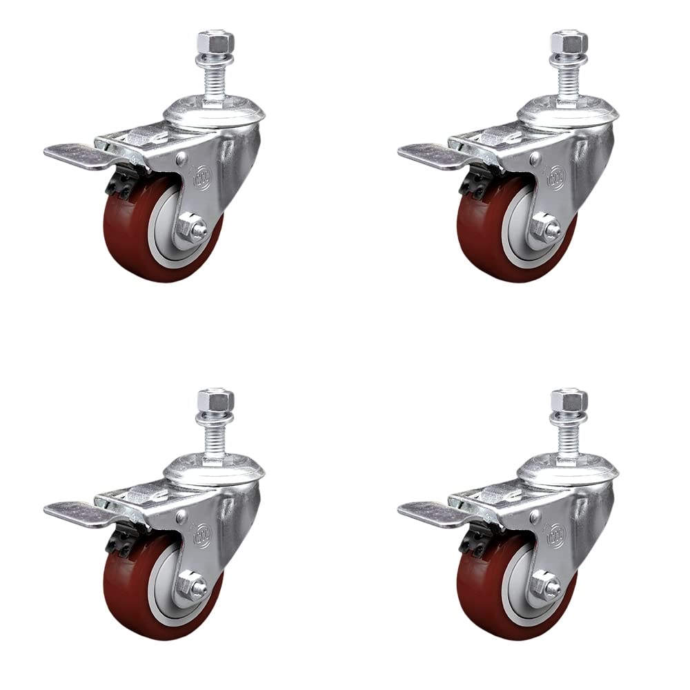 Stainless Steel Polyurethane Swivel Threaded Stem Caster Set of 4 w/3.5