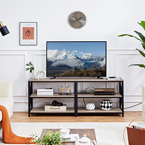 Yaheetech Tv Stand With Power Outlet For 75 Inch Tv, 3 Tiers Tv Storage Cabinet Entertainment Center, Retro 63 Inch Long Tv Console Table With Charging Station For Living Room, Gray #TOP1