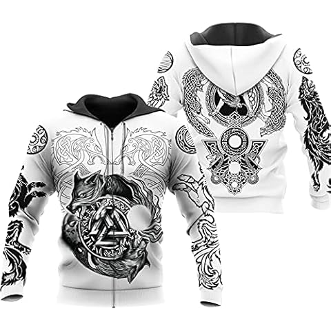 Men's S—7XL Odin Tattoo Fenrir Sweatshirt Hoodie, Viking Pagan Long Sleeve Pullover, Zip Jacket Top, Celtic Knot,XXL Cover