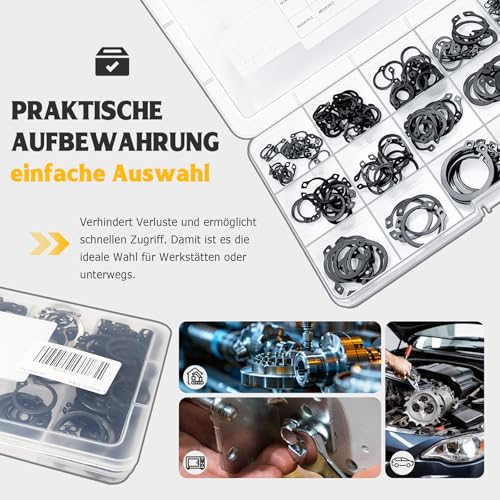 Sprengring Set 300 Stück Sicherungsring M3-M28, Edelstahl 304 Sicherungsringe Set mit Box, Sicherungsscheiben Klemmscheiben Schlagringe Unterlegscheiben für Wellen & Maschinenbau