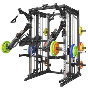 Commercial smithMachine with Smith Bar, 4000LB Power Cage Squat Rack with Lever Arm, Leg Press, LAT Pull Down System, Multi-Function Linear Bearing Cable Crossover Machine for Home Gym