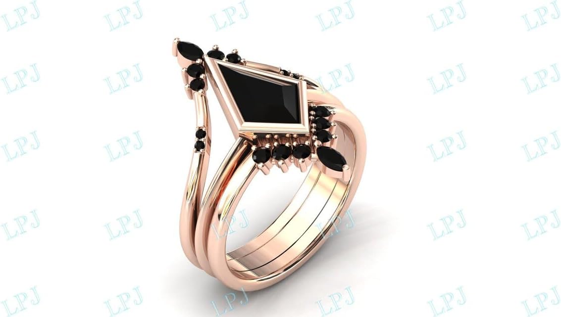 3 CT Kite Cut Black Onyx Engagement Ring Set For Women Kite Shape Vintage Black Onyx Wedding Ring Set 3 Pieces Onyx Ring Set Anniversary Ring Set Vintage Antique Promise Ring Set
