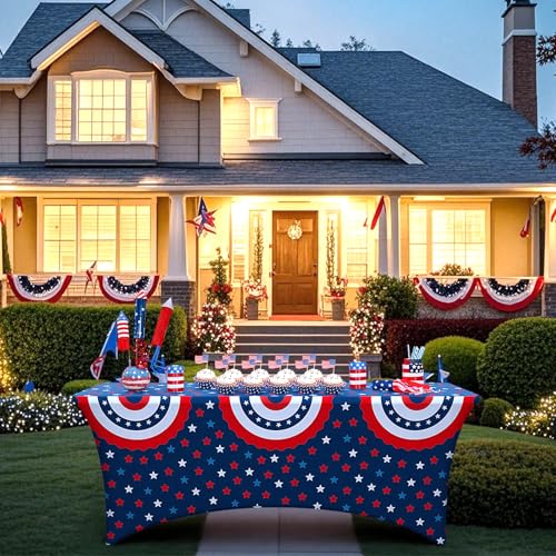 Oudain 4th of July Stretch Tablecloth 6FT American Flag Table Cover Patriotic Red White and Blue Star Spandex Tablecloth for 250th Anniversary Independence Day Memorial Veterans Day Party (Festive) by Oudain - Used condition - Image 5