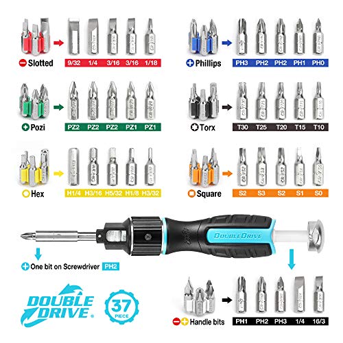 DOUBLEDRIVE Ratcheting Screwdriver Set - 2X Faster, 37-piece Repair Tool Kits for Laptop, PC, Furniture, DIY Hand Work
