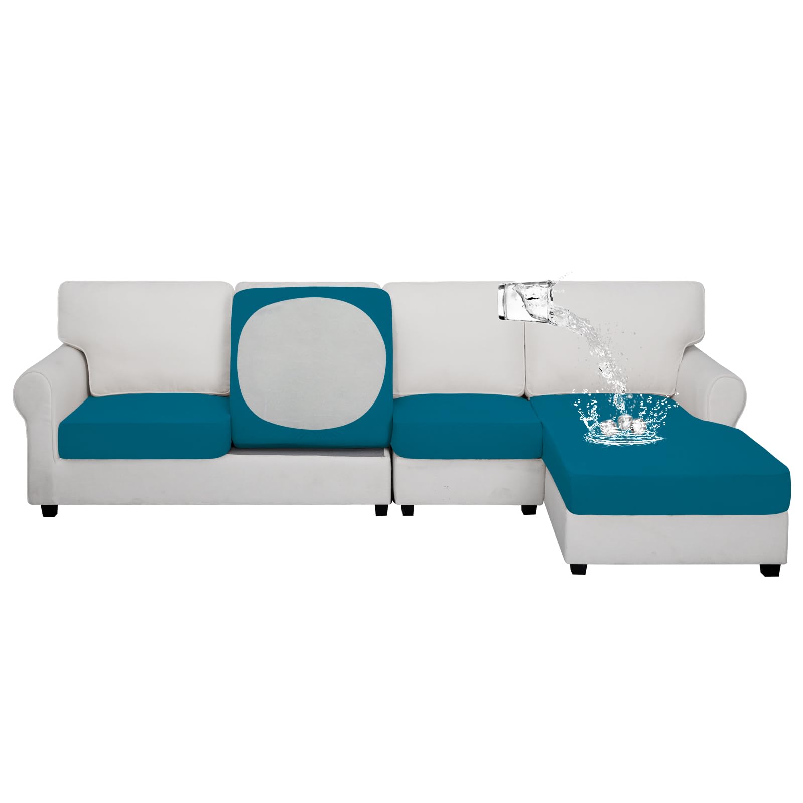 Easy-Going 100% Waterproof 4 Pieces Couch Cushion Covers for Sectional Sofa Left/Right L Shape Chaise Lounge Sofa Seat slipcover Anti-Slip Sofa Cover (3 Seater + 1 Chaise, Peacock Blue