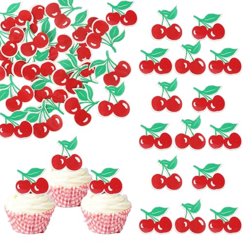 Rsstarxi 60 Pack Edible Cherry Cupcake Toppers Fruit Theme Summer Cherry Cupcake Picks for Kid Baby Shower Party Decorations Boy Girl Birthday Cake Decorations Supplies Red