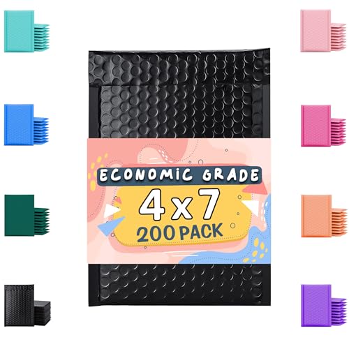 Poly Bubble Mailers 4x8 200 Pack Black Waterproof Self Seal Adhesive Shipping Bags, Cushioning Padded Envelopes for Shipping, Mailing, Packaging Usable 4x7
